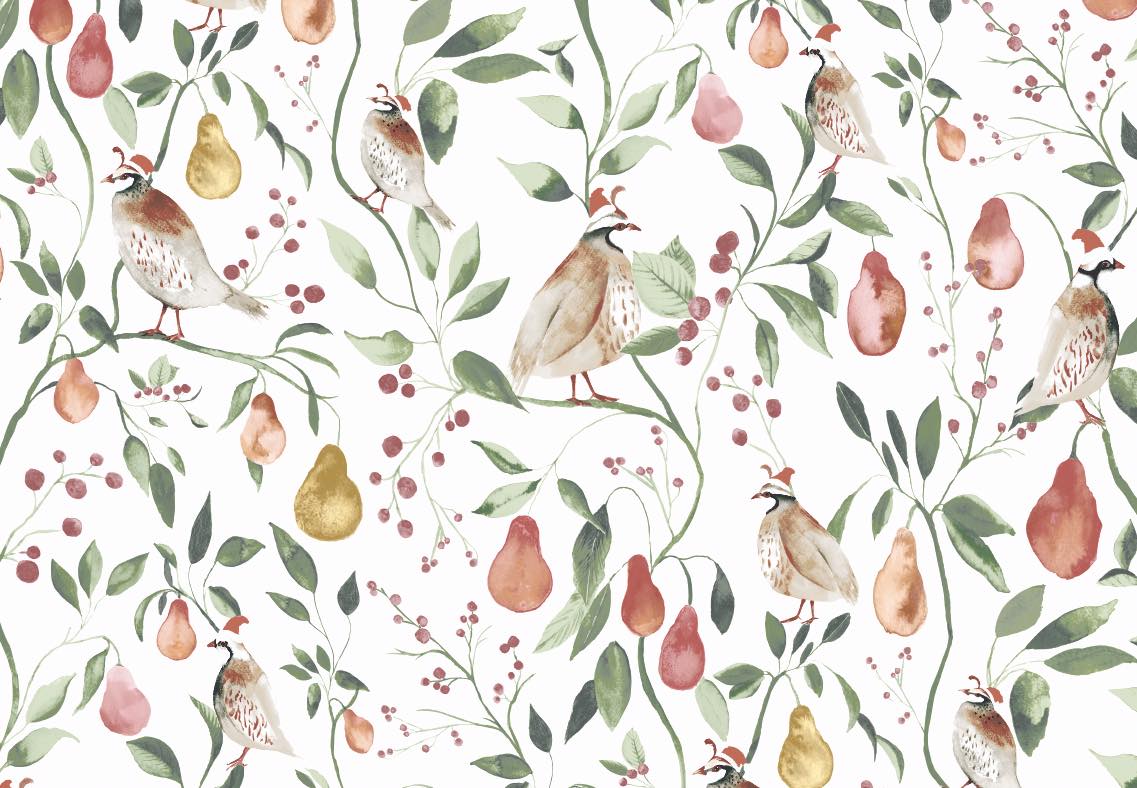 Robin and Fruit Patterned Botanical Oilcloth Tablecloth