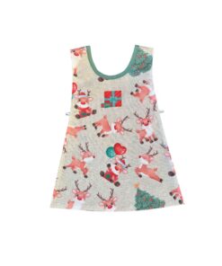 Baby Reindeer Children's Oilcloth Tabard Our cheerful children's 2 sided oilcloth tabards are made from 100% cotton fabric coated with a child-friendly phthalate free coating and fastened front to back with elastic. Perfect for pulling over your little ones head.  No need to fasten Perfect for your little ones to keep them clean whilst eating or during messy play. One size: Approx 47cm Long from shoulder to hem Each side is Approx 27cm Wide 20cms down from the shoulder of the tabard and 36cms wide at the hem See our full range of oilcloth aprons.