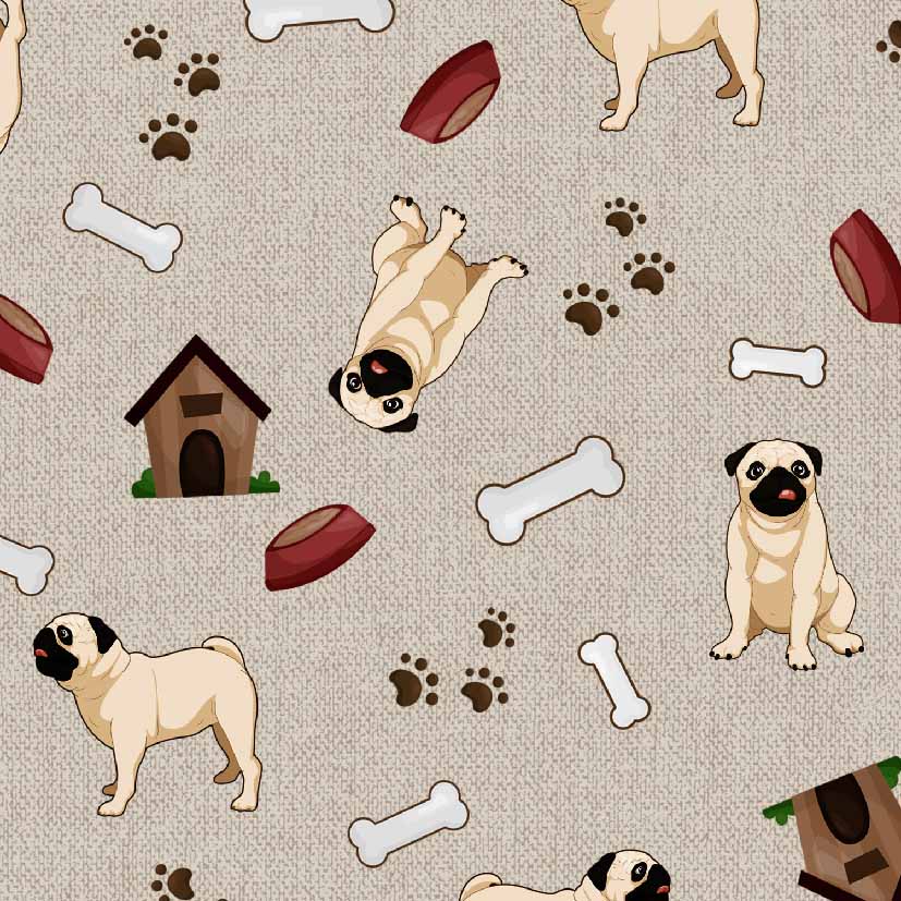 Pug Dog and Bone Print Wipe Clean Oilcloth