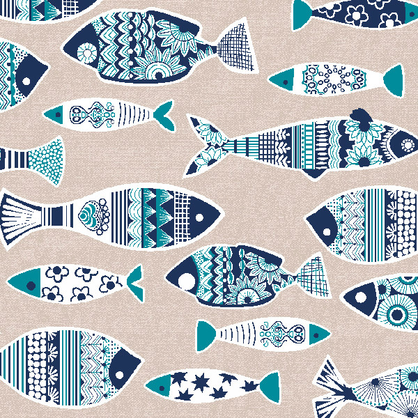 Blue Scandi Style Fish Patterned Oilcloth Tablecloth