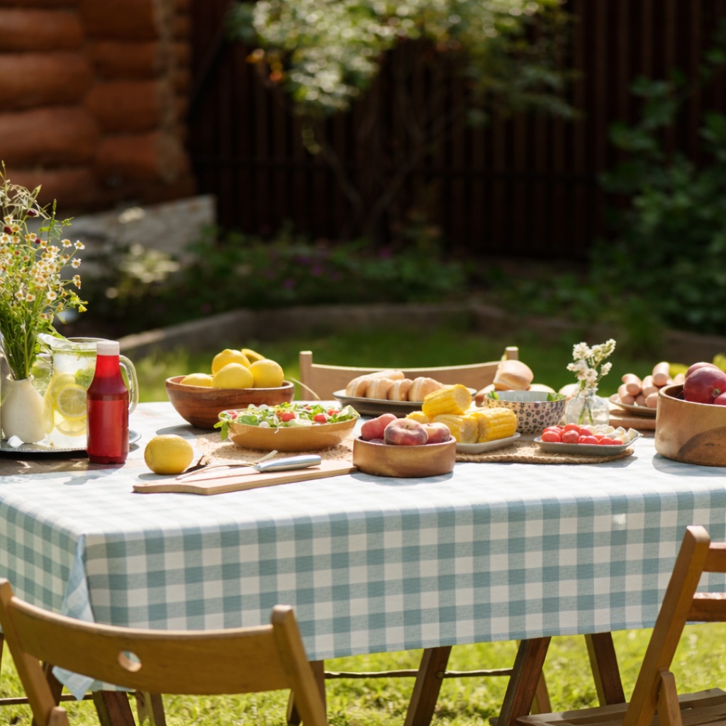 Ribble Check Duckegg on outdoor table